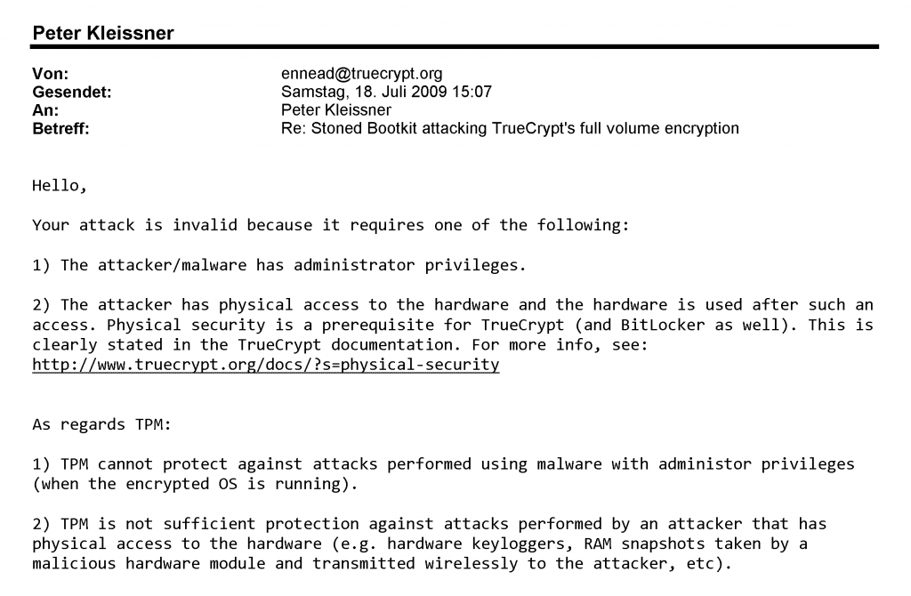 TrueCrypt Foundation Mail 18. Juli 2009